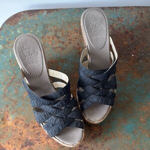 Christian Louboutin Black Espadrille Wedge Sandals black crepon fabric size 36